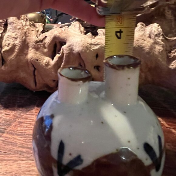 Vintage Bohemian Japanese Stoneware Double Bud Vase With Abstract Brown & Blue D - Picture 7 of 9